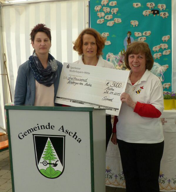 Erster Vorstand Frau Simmel (links) und zweiter Vorstand Frau Feyrer (mitte) überreichen der Kindergartenleiter Frau Schlicker einen Scheck über 3000 Euro